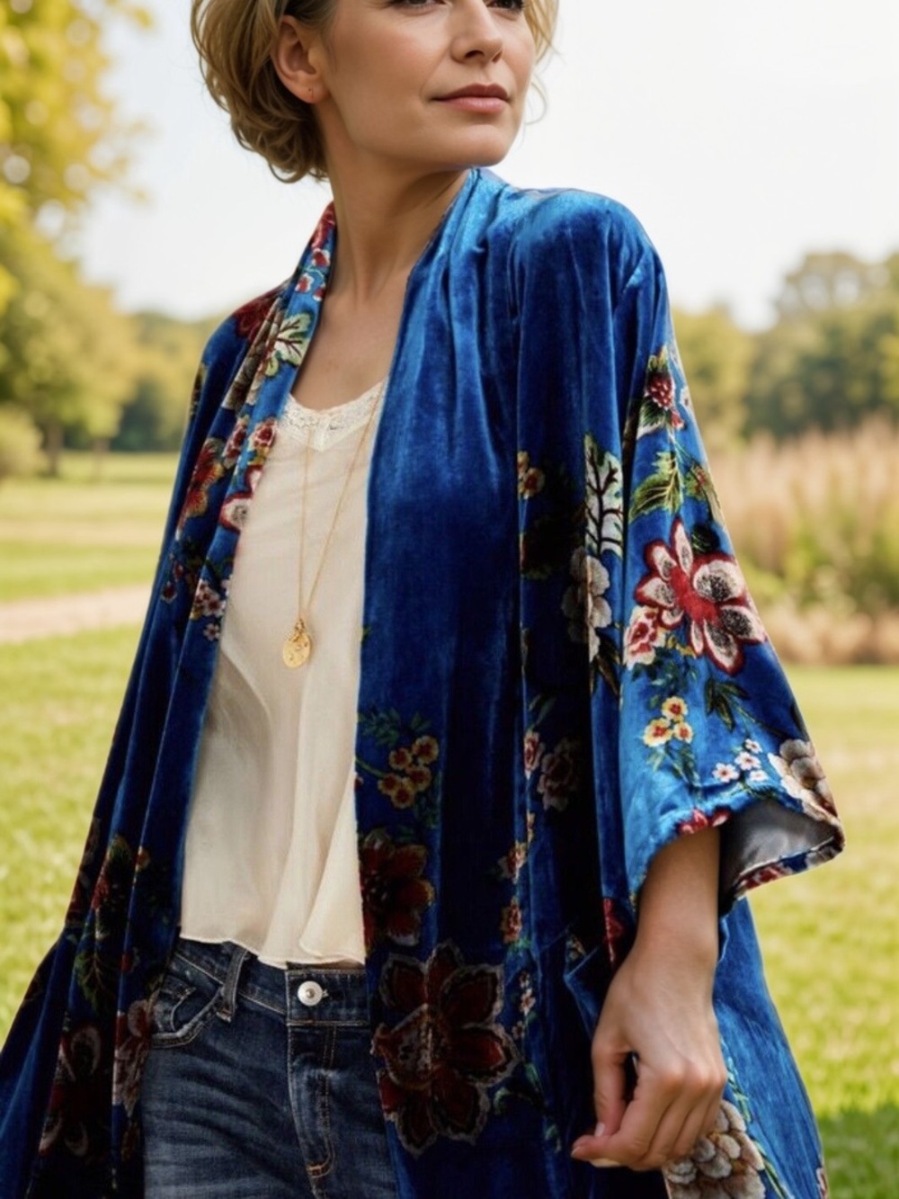 Johnny Was Teal Velvet Floral Open-Front Kimono Wrap Duster NWOT